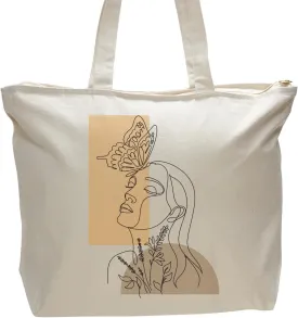 Minimalist Line Art Tote Bag  Handmade Cotton Bag with Woman & Butterfly Design  Large Canvas Shopper  Gift for Her