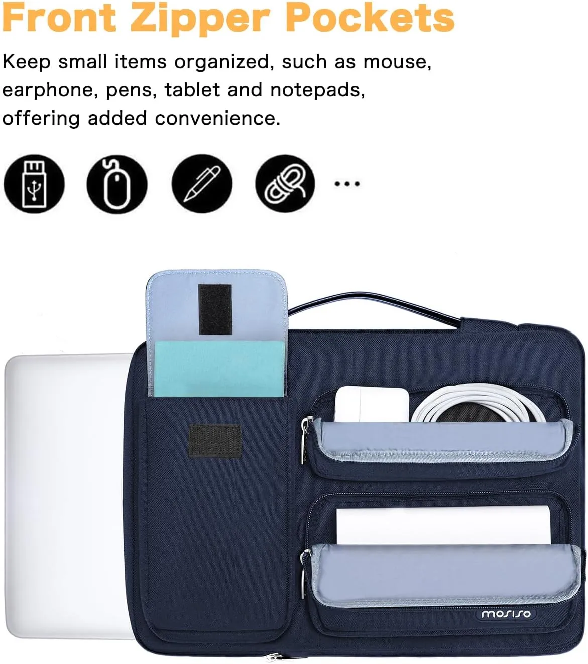 MOSISO 360 Protective Laptop Sleeve Compatible with MacBook Air 15 inch M3 M2 2024 2023/Pro 15 A1990 A1707, HP Stream 14 inch,Dell XPS 15, Side Open Bag with 2 Raised&1 Flapover Pockets, Navy Blue