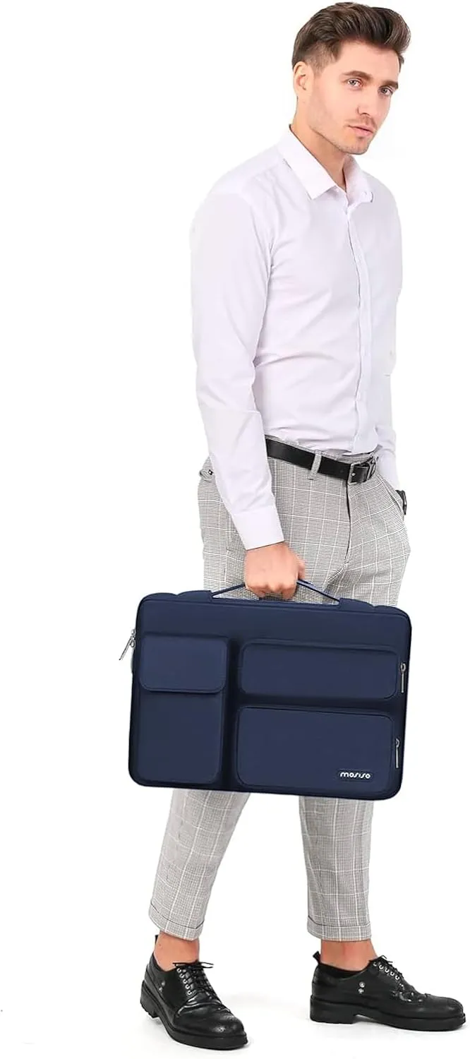 MOSISO 360 Protective Laptop Sleeve Compatible with MacBook Air 15 inch M3 M2 2024 2023/Pro 15 A1990 A1707, HP Stream 14 inch,Dell XPS 15, Side Open Bag with 2 Raised&1 Flapover Pockets, Navy Blue