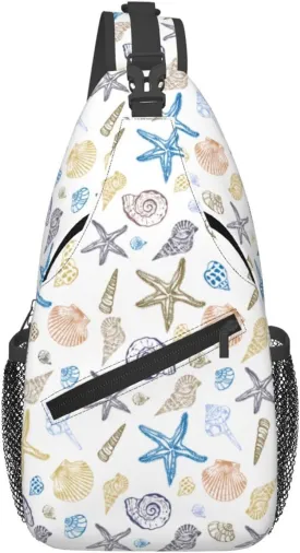 Ocean Seashell Sling Bag Crossbody Backpack,Set of Seashells Starfish Marine Life Doodle Style Chest Bag Casual Shoulder Backpack Summer Beach Theme Travel Hiking Daypack for Women Men