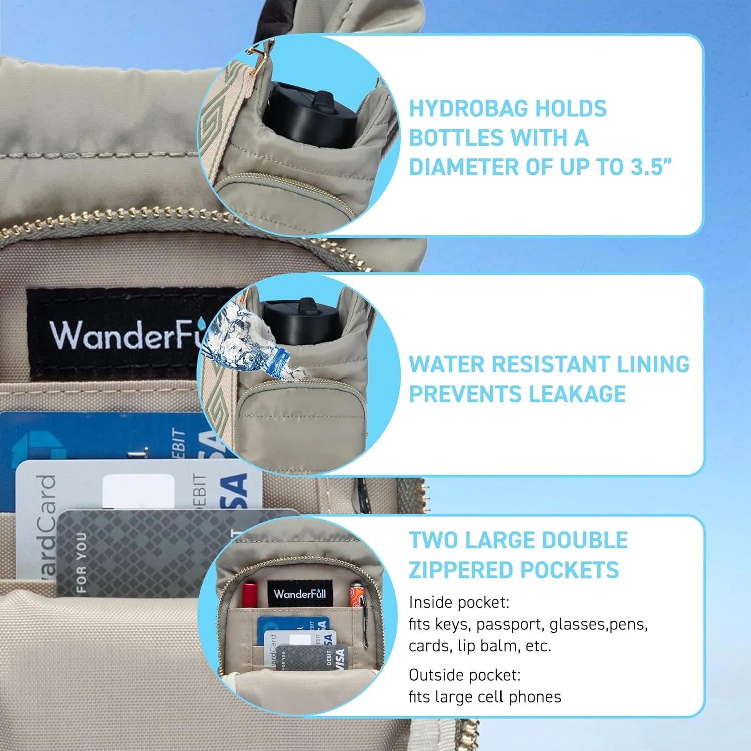 Original HydroBag | Quilted Water Bottle Holder with Strap | Tote Bottle Carrier Crossbody Bag with Pockets