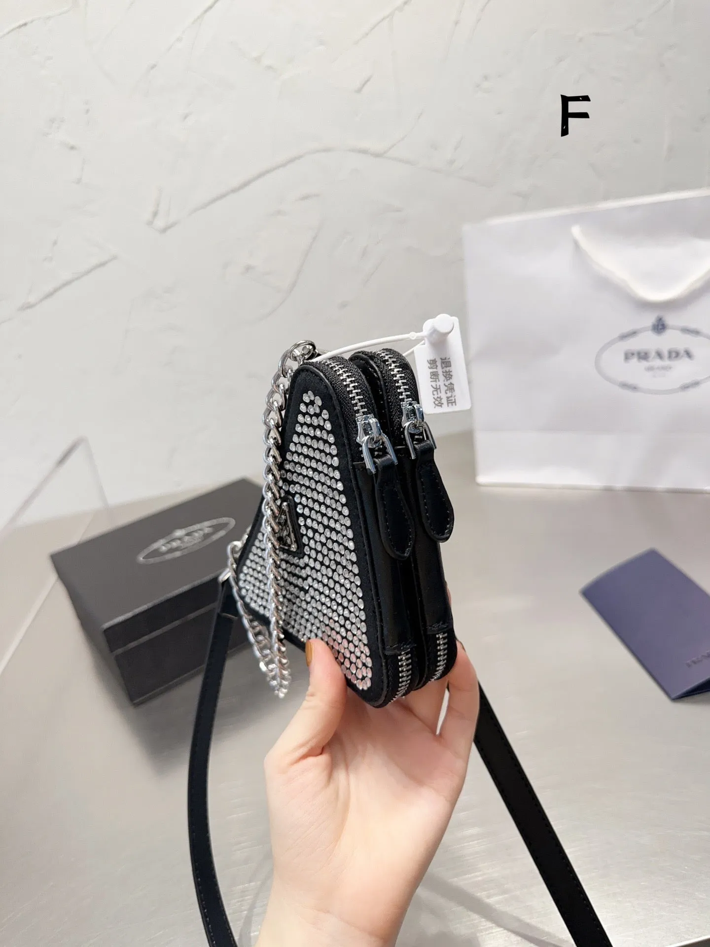 PD184 Embellished Satin and Leather mini-pouch / 5.9x3.9inch