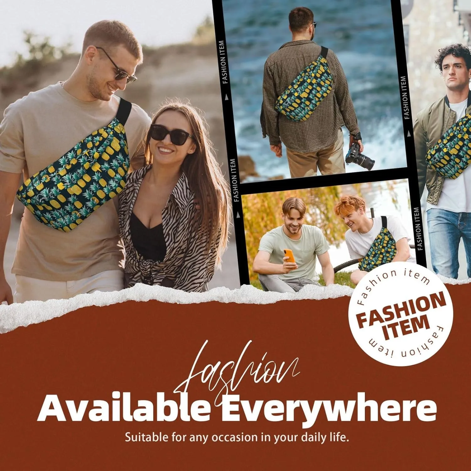 Pineapple Fanny Pack Crossbody Sling Bag  Zipper Pockets for Travel, Hiking, Cycling, Workouts, and Everyday Use