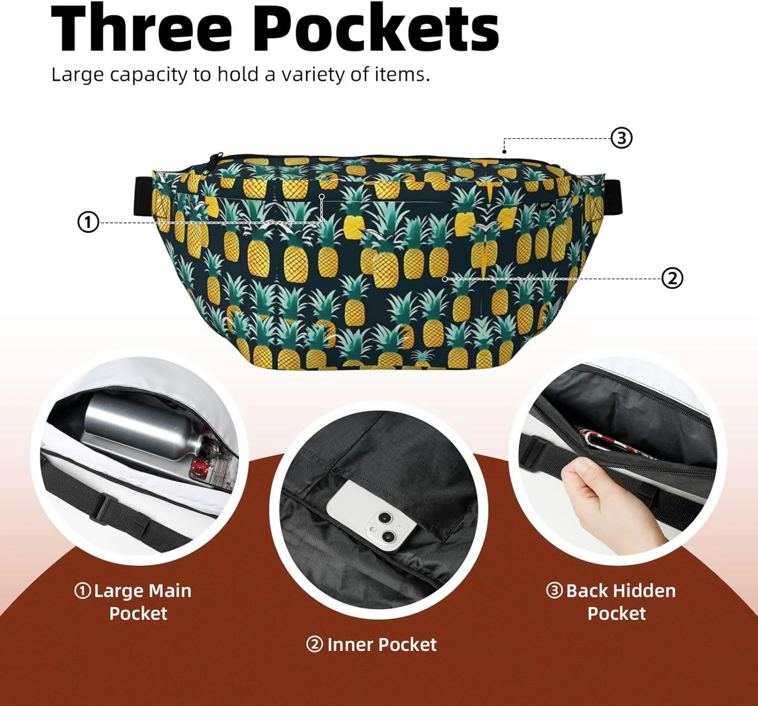 Pineapple Fanny Pack Crossbody Sling Bag  Zipper Pockets for Travel, Hiking, Cycling, Workouts, and Everyday Use