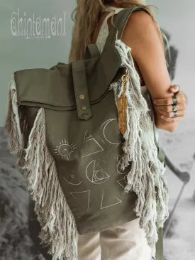 Rolltop Boho Canvas Backpack for Women with Linen Fringes ∆ Rolltop Laptop Backpack / Army Green