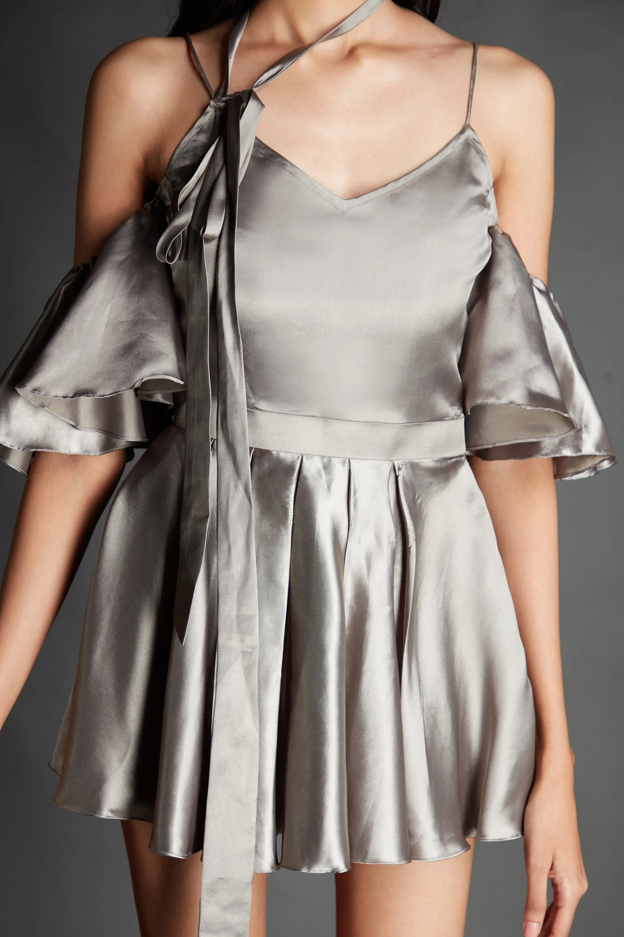 Short Cold Shoulder Silver Dress With Neck Tie Up