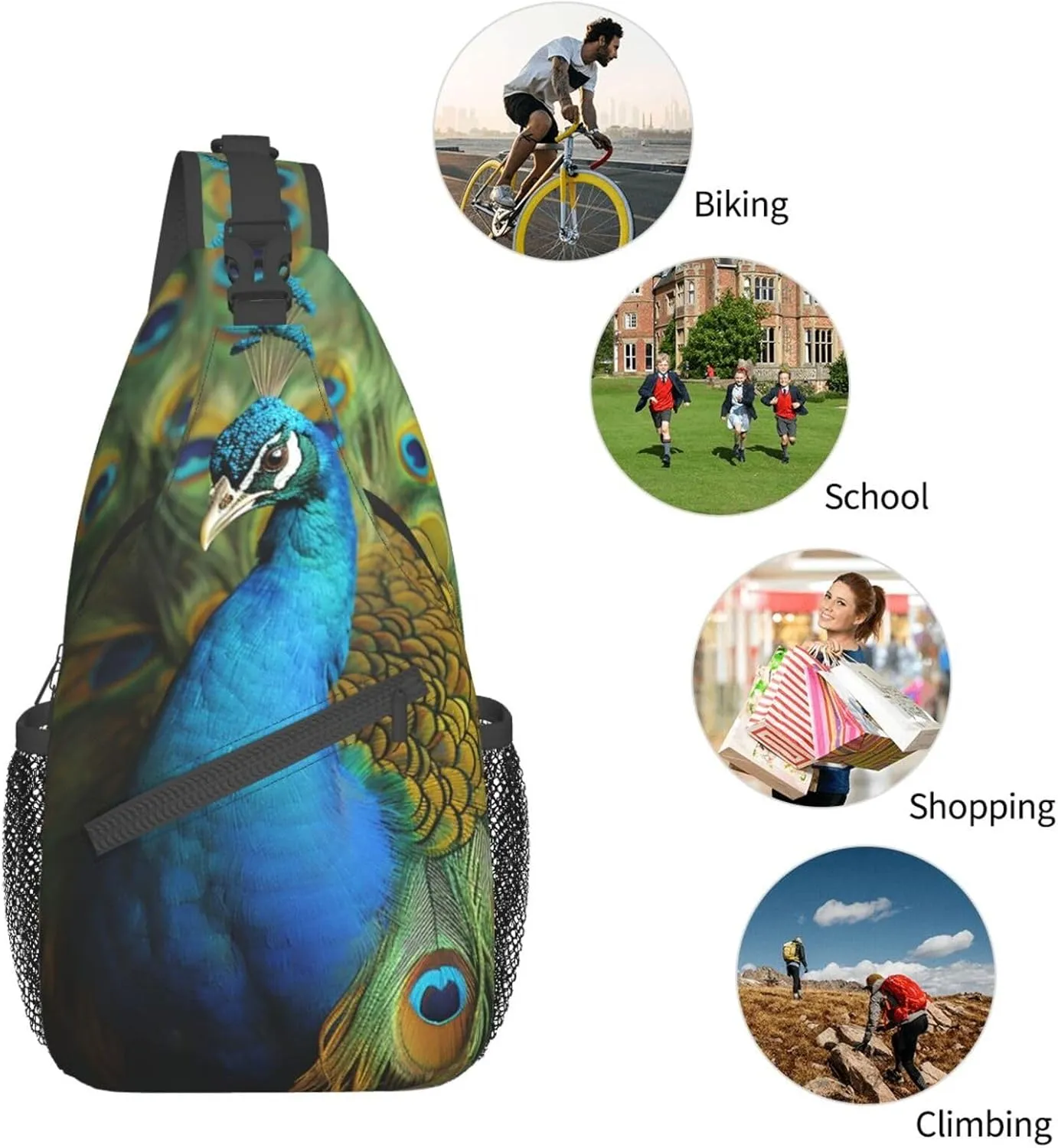 Sling Bag for Women Men Peacocks feather Cross Chest Bag Diagonally Casual Fashion Travel Hiking Daypack