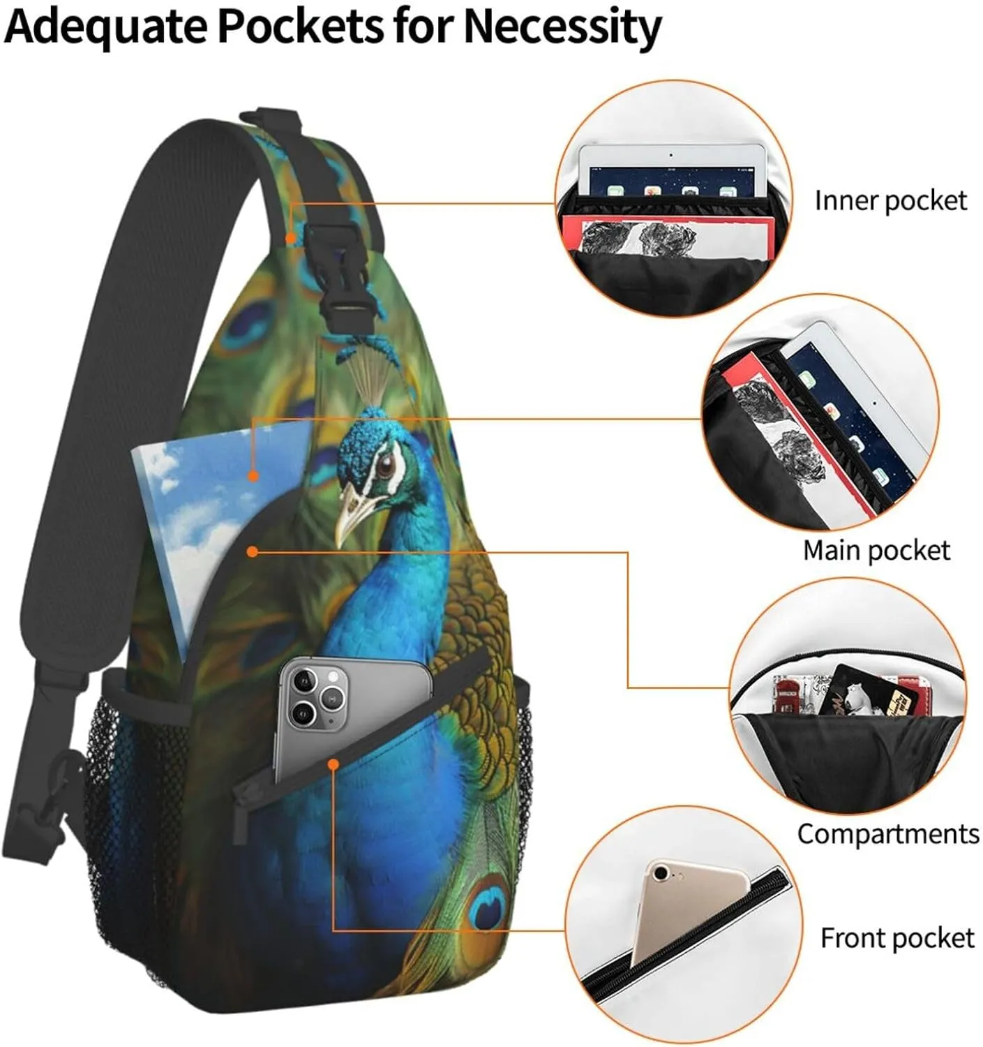 Sling Bag for Women Men Peacocks feather Cross Chest Bag Diagonally Casual Fashion Travel Hiking Daypack