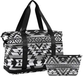 Travel Duffel Bag Black White Tribal Aztec Gym Duffel Bag for Men & Women with Shoe & Wet Compartment Shoulder Weekender Overnight Bag