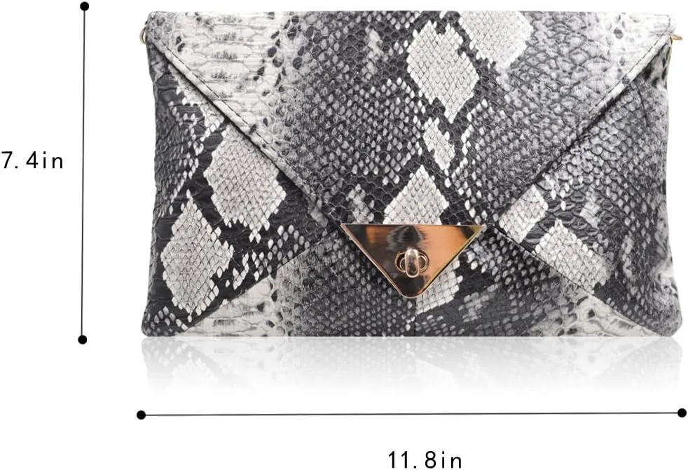 Van Caro Womens Faux Leather Snake Envelope Clutch Handbag Chain Bag