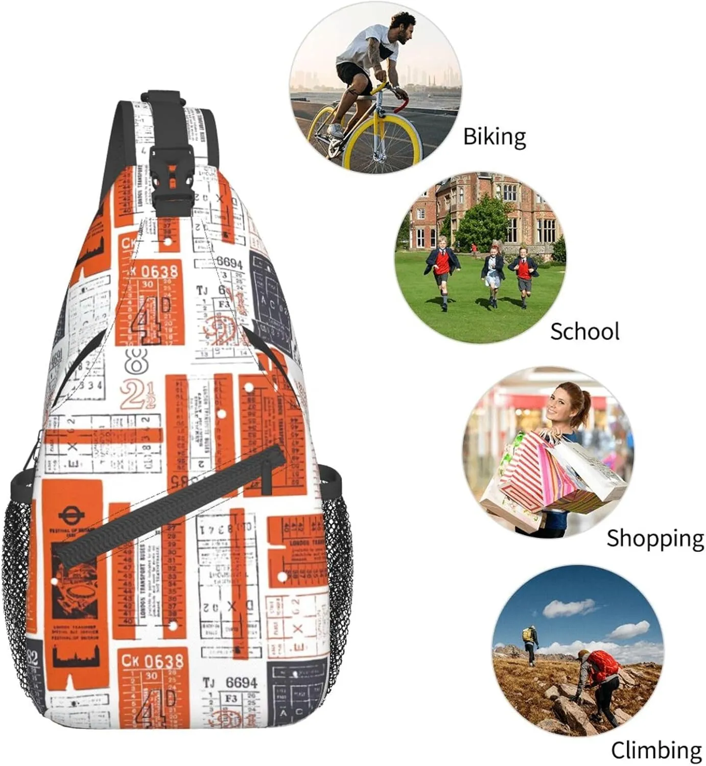 White and Orange Retro Ticket Vintage Pattern Sling Backpack Crossbody Sling Bag Casual Chest Bags Travel Hiking Daypack Shoulder Bag for Women Men