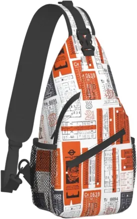 White and Orange Retro Ticket Vintage Pattern Sling Backpack Crossbody Sling Bag Casual Chest Bags Travel Hiking Daypack Shoulder Bag for Women Men