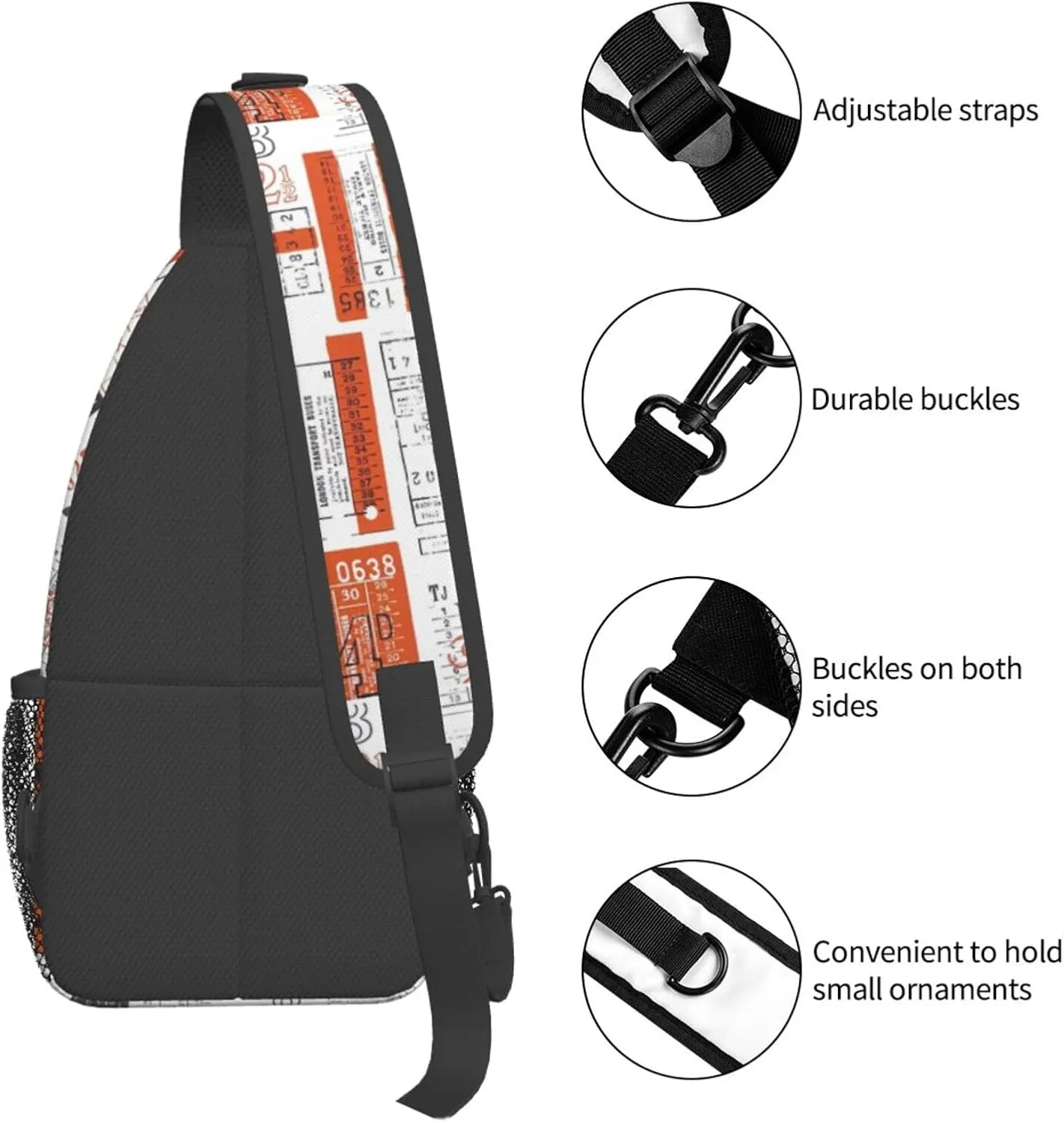 White and Orange Retro Ticket Vintage Pattern Sling Backpack Crossbody Sling Bag Casual Chest Bags Travel Hiking Daypack Shoulder Bag for Women Men