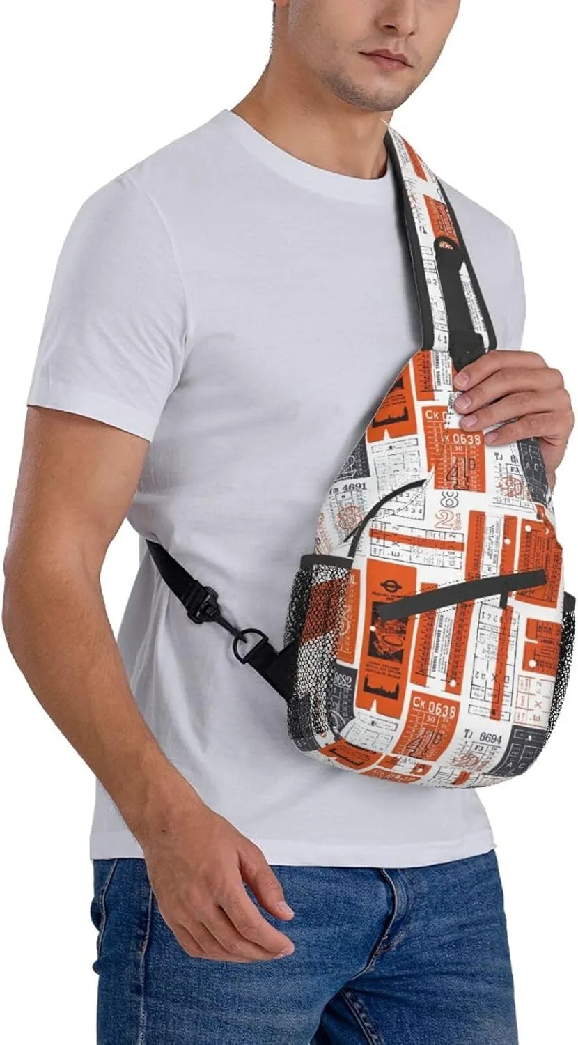 White and Orange Retro Ticket Vintage Pattern Sling Backpack Crossbody Sling Bag Casual Chest Bags Travel Hiking Daypack Shoulder Bag for Women Men