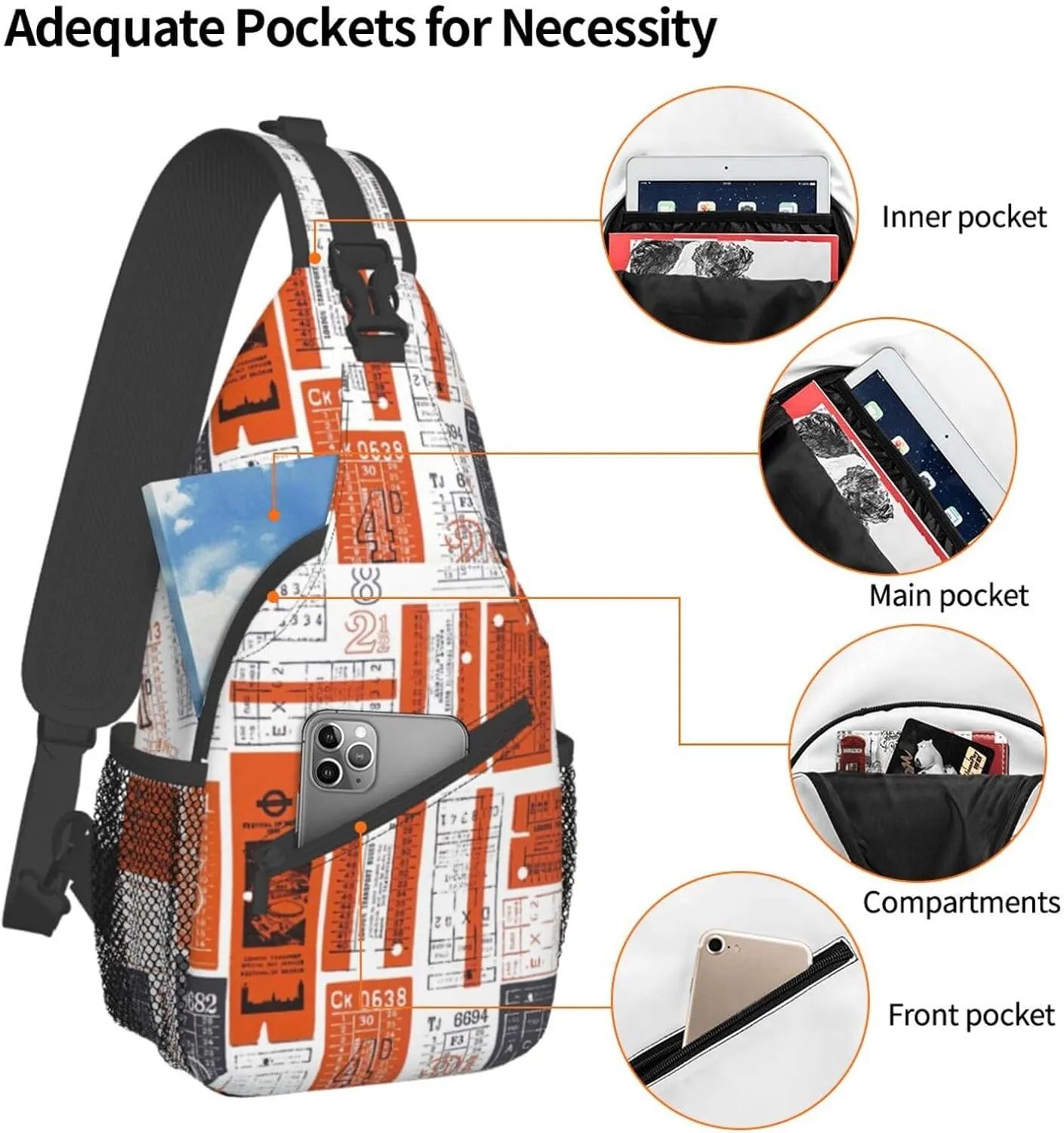 White and Orange Retro Ticket Vintage Pattern Sling Backpack Crossbody Sling Bag Casual Chest Bags Travel Hiking Daypack Shoulder Bag for Women Men